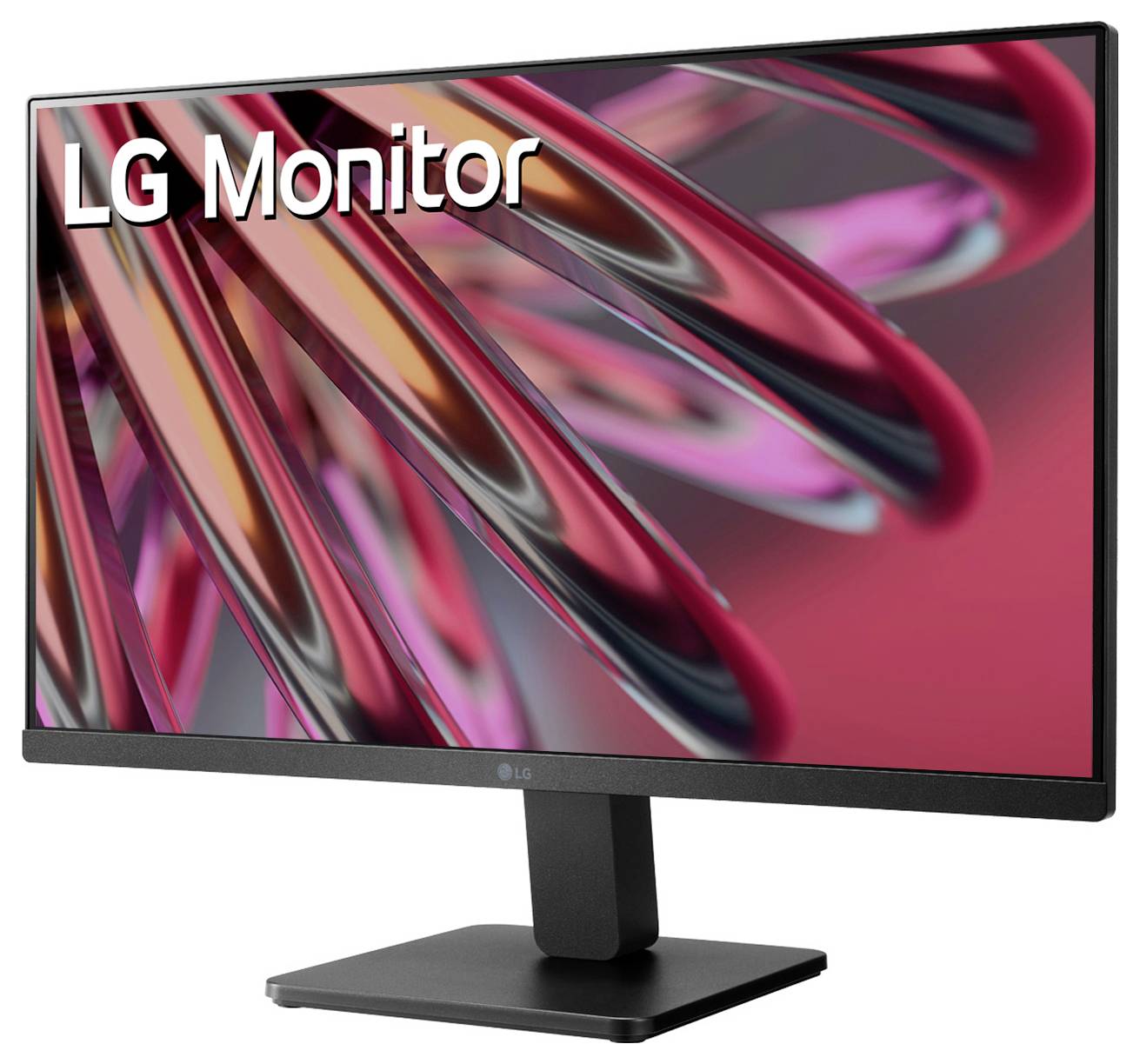 Monitor LG o nowoczesnym, czarnym designie. Na ekranie widać kolorowe, abstrakcyjne kształty.