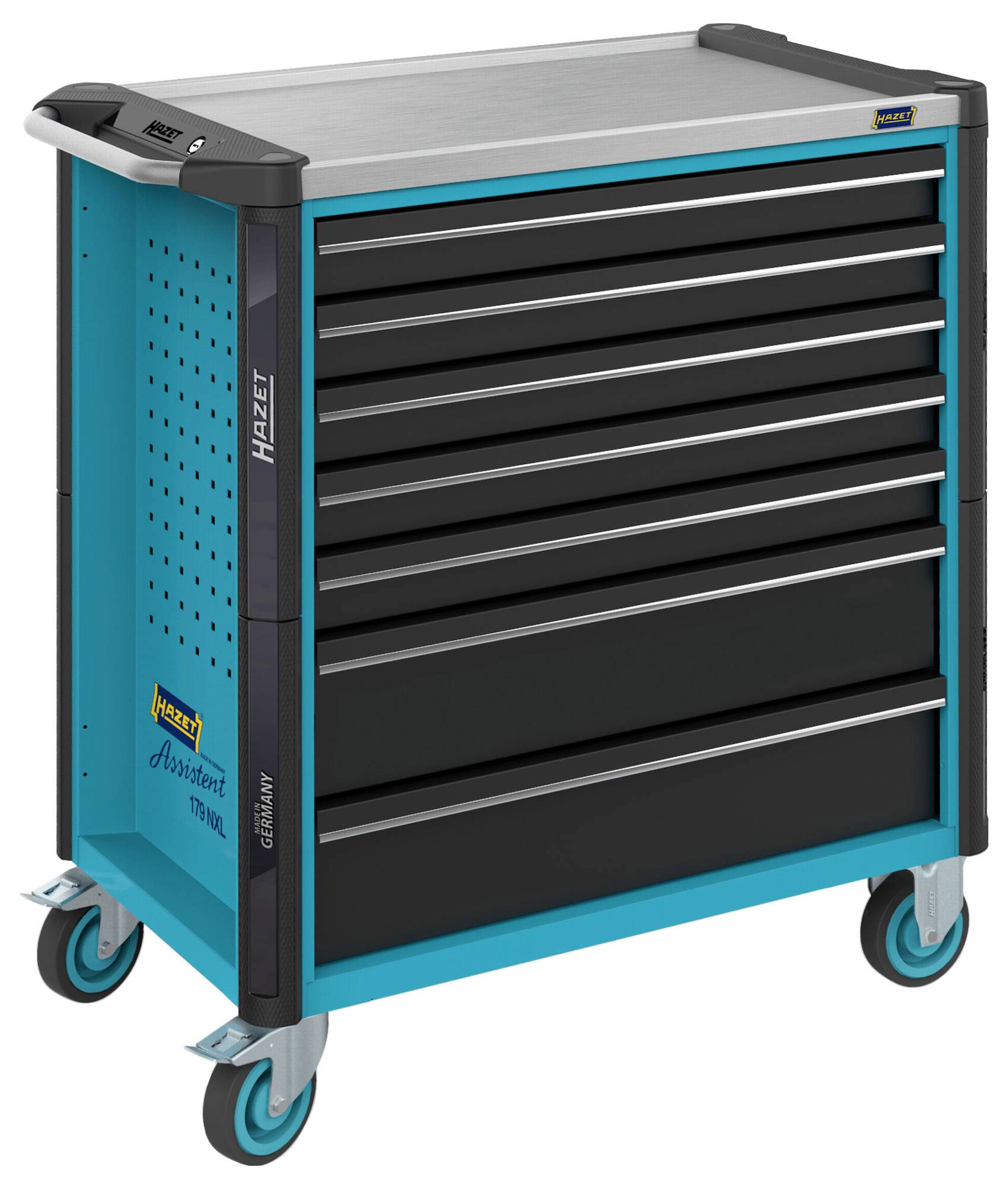 Wózek narzędziowy z siedmioma szufladami, w niebieskiej ramie, z czarnymi uchwytami i kółkami. Po stronie widoczna nazwa marki 'Hazet'.