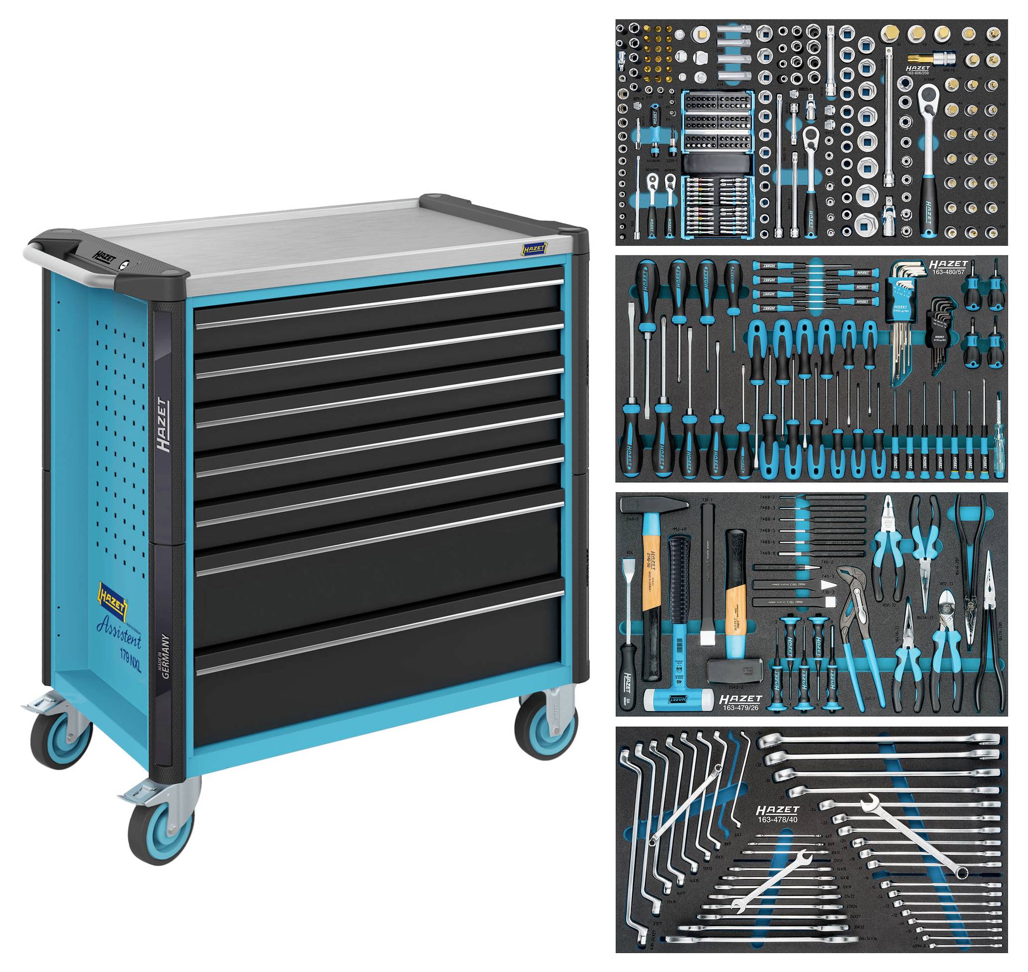 Niebiesko-czarny wózek narzędziowy na kółkach z sześcioma szufladami. Po prawej stronie ułożone narzędzia, takie jak klucze, szczypce i śrubokręty.