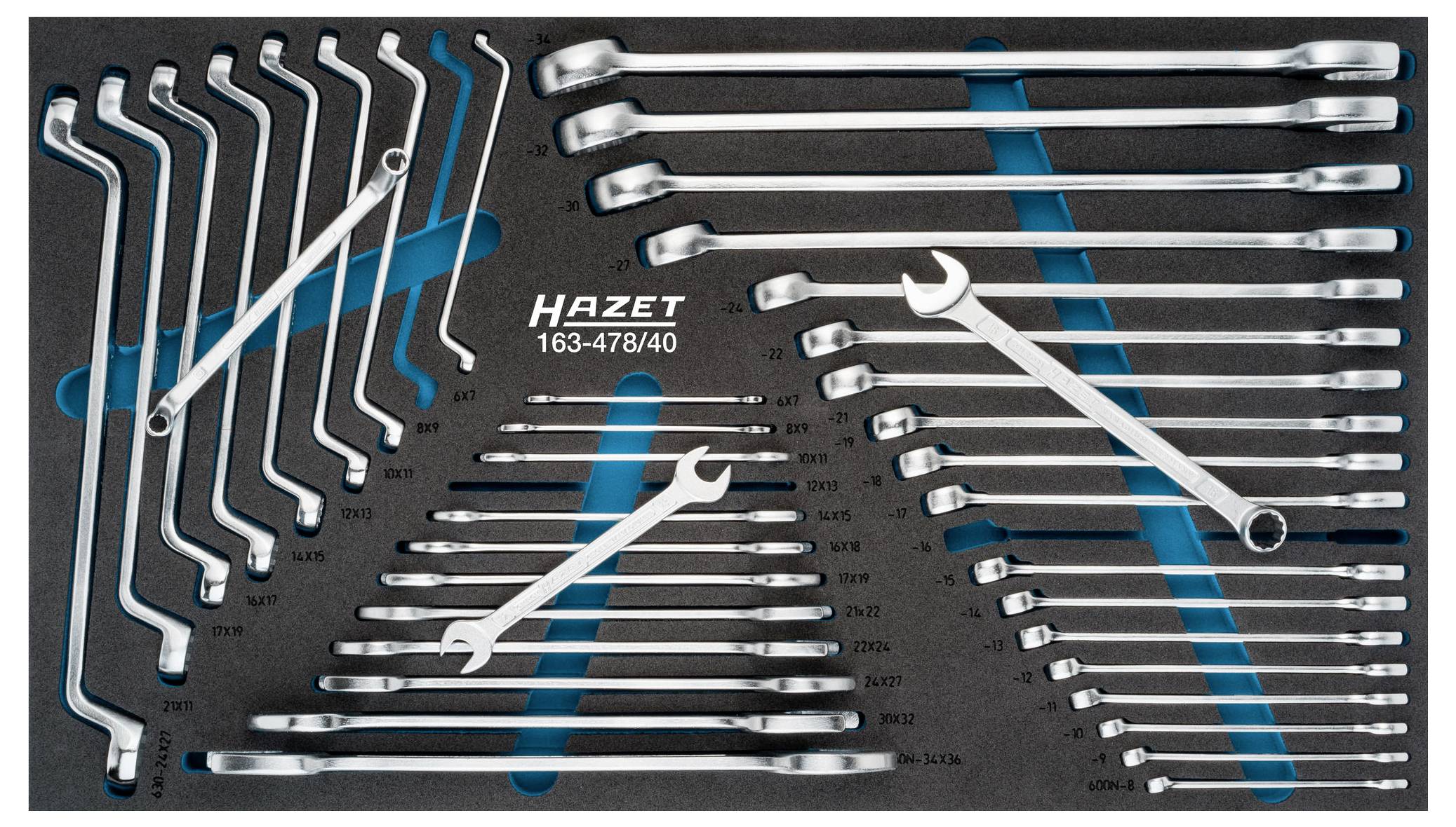 'Zestaw kluczy płasko-oczkowych o różnych rozmiarach, starannie ułożonych na tablicy narzędziowej z niebieskim oznaczeniem.'