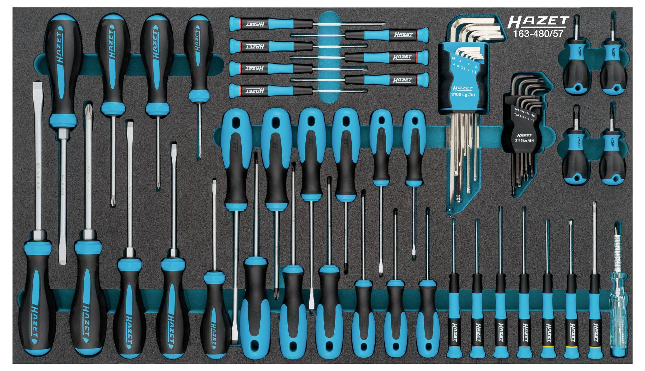 Zestaw niebieskich i czarnych wkrętaków oraz kluczy imbusowych, starannie ułożonych w przegródce narzędziowej.