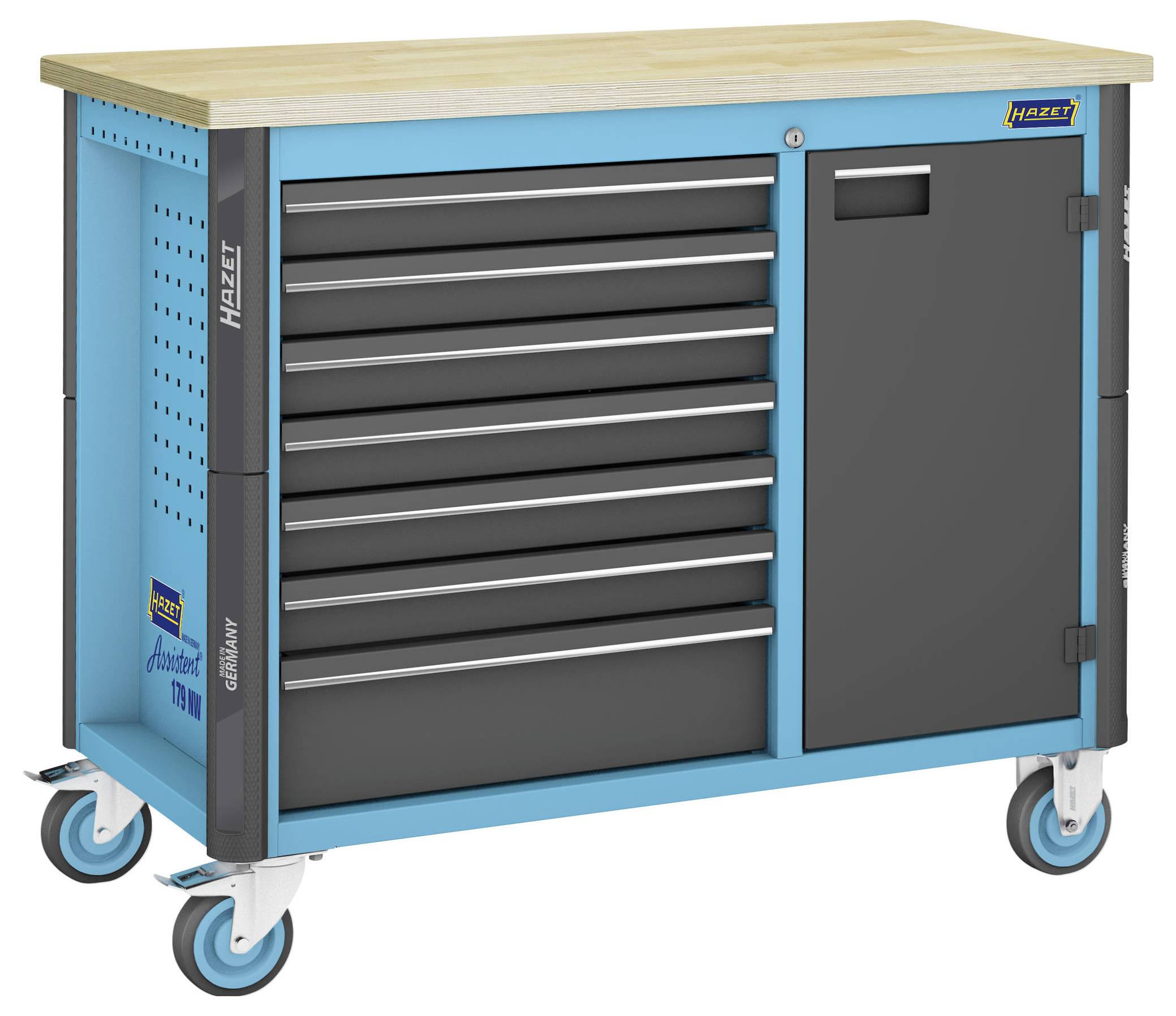 Niebieski wózek narzędziowy z sześcioma szufladami i szafką, osadzony na czterech kółkach. Blat roboczy wykonany z drewna, przeznaczony do prac warsztatowych.