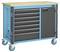 Niebieski wózek narzędziowy z sześcioma szufladami i szafką, osadzony na czterech kółkach. Blat roboczy wykonany z drewna, przeznaczony do prac warsztatowych.