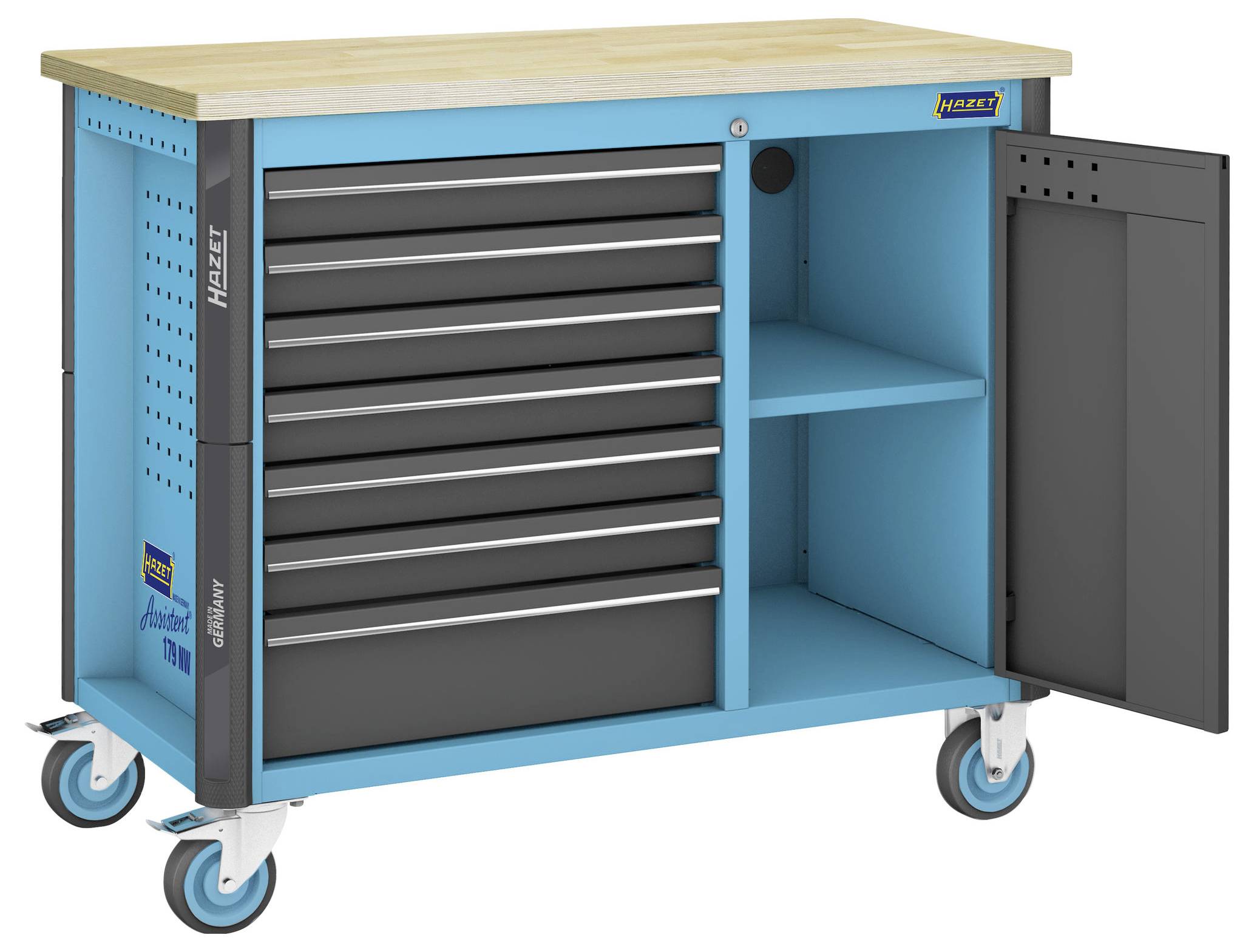 Niebieski wózek narzędziowy na kółkach z sześcioma szufladami i otwartą szafką z dwoma półkami, na górze drewniana płyta.