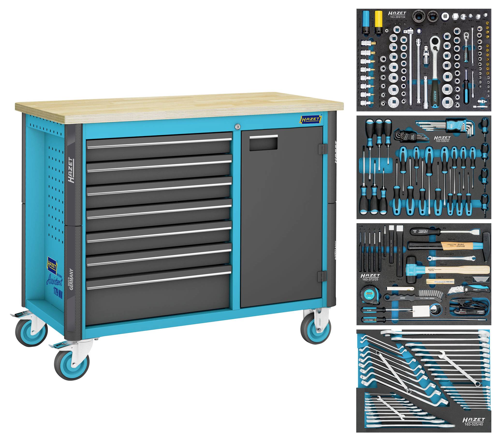 Wózek z blatem roboczym z drewna, sześć szuflad, drzwiczki; wyposażony w narzędzia: wkrętaki, klucze, szczypce, klucze nasadowe, młotek.