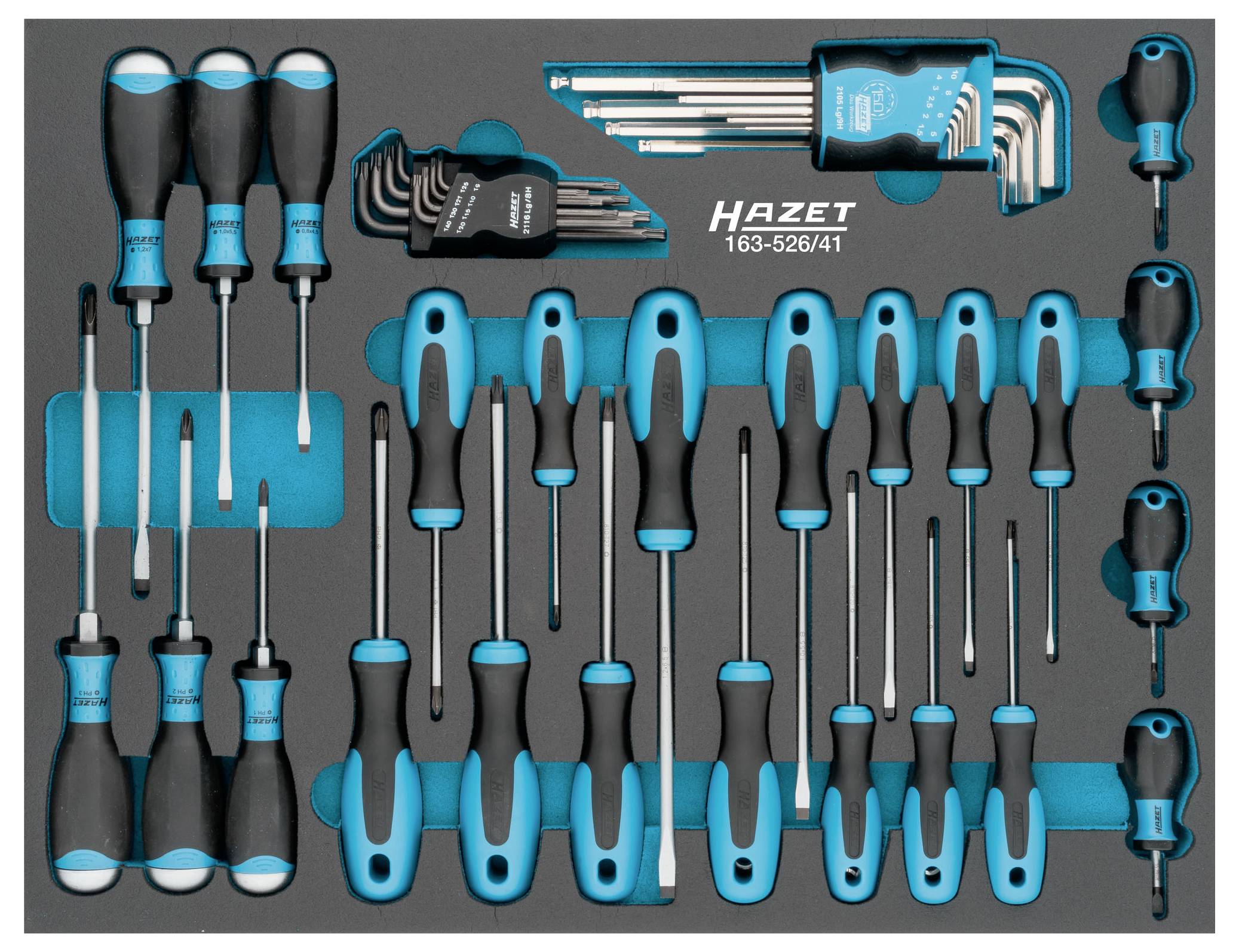 Zestaw wkrętaków Hazet i kluczy imbusowych w różnych rozmiarach, starannie ułożony w wkładce piankowej.