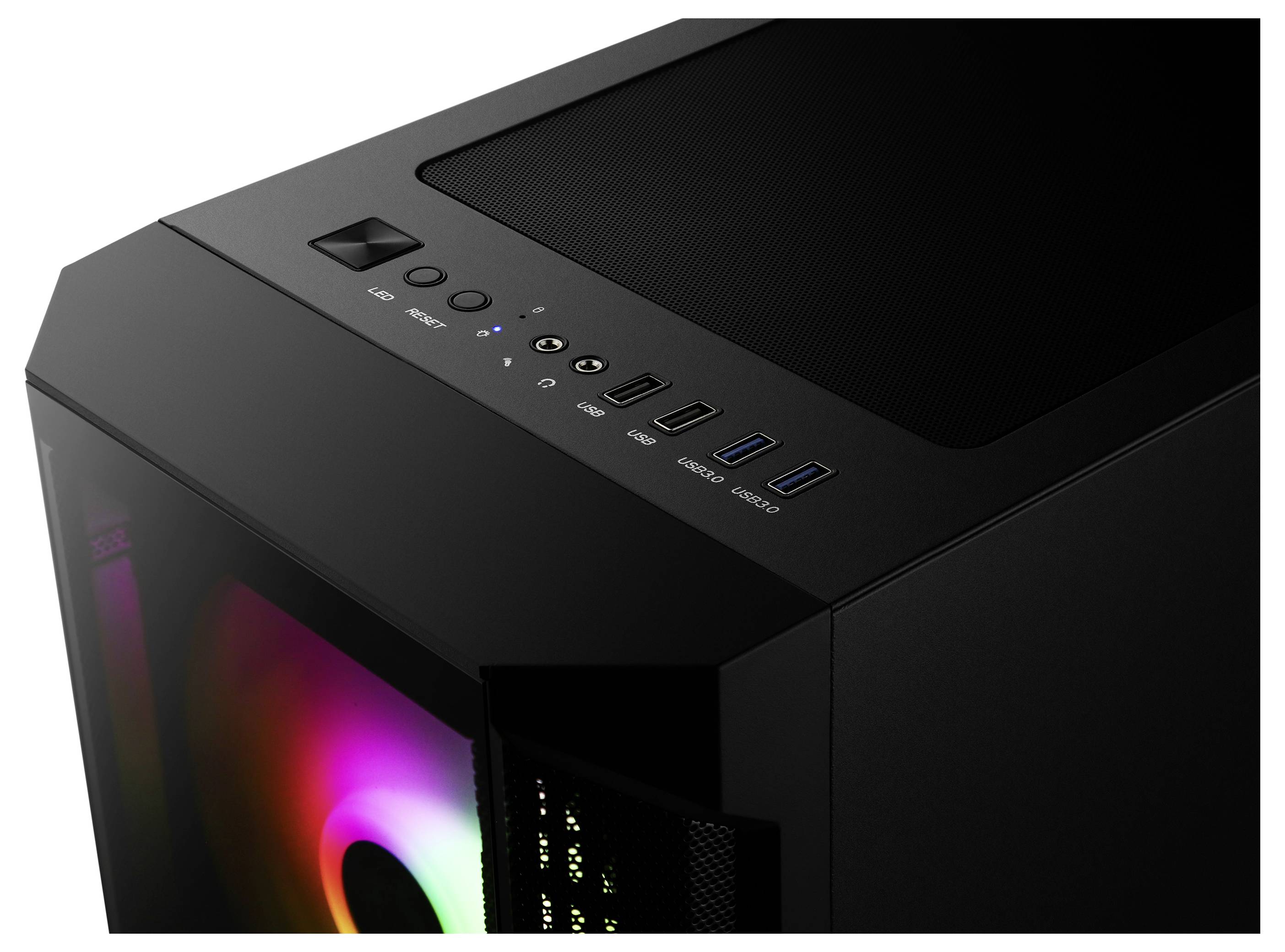 Czarna obudowa komputera z kolorowym podświetleniem LED wentylatora, widoczne liczne porty USB oraz przyciski sterujące na górnej powierzchni.
