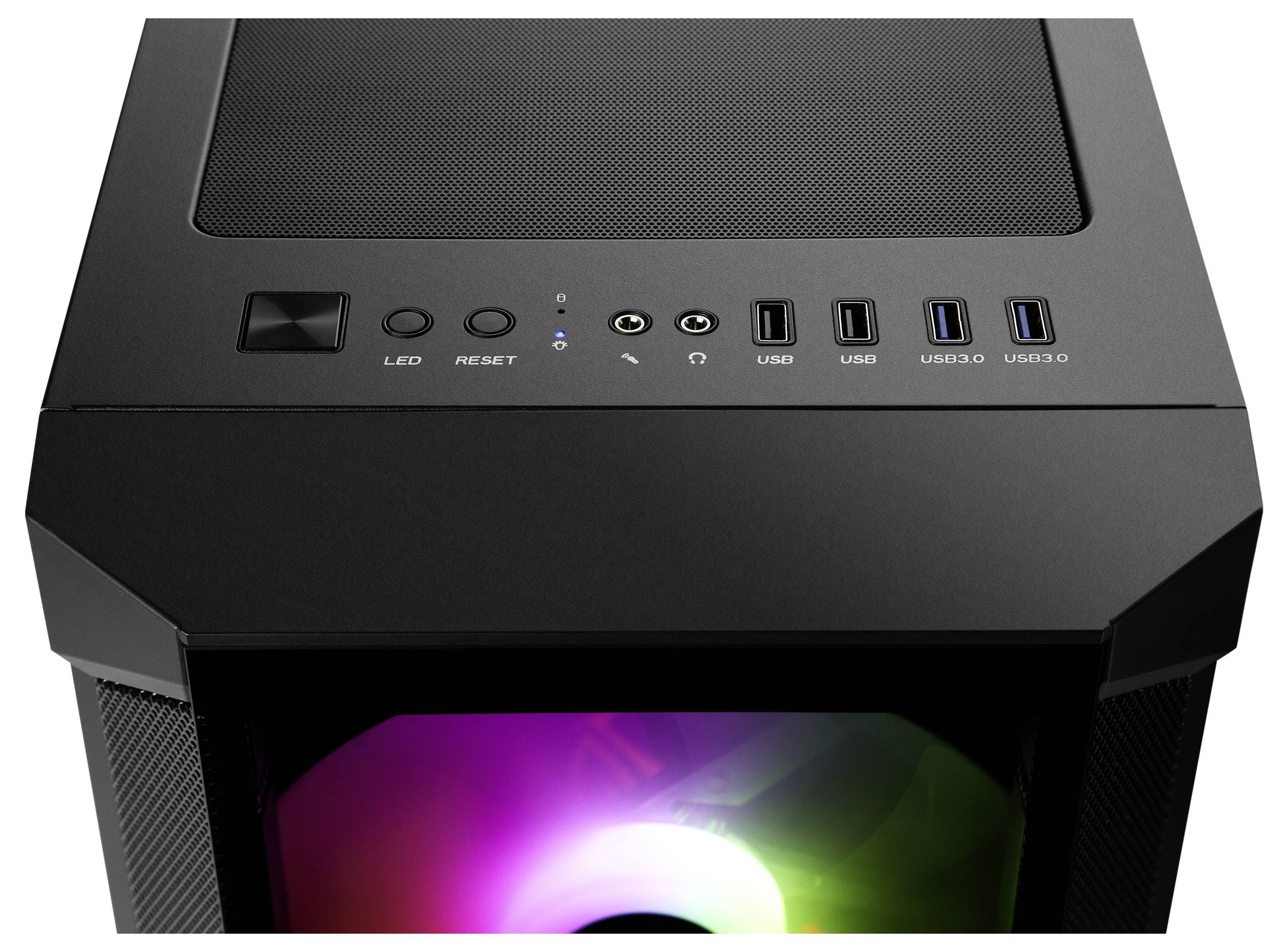 Czarna obudowa komputera z listwą LED, portami USB i przyciskiem reset na górnej powierzchni; stylowy design z podświetleniem RGB.
