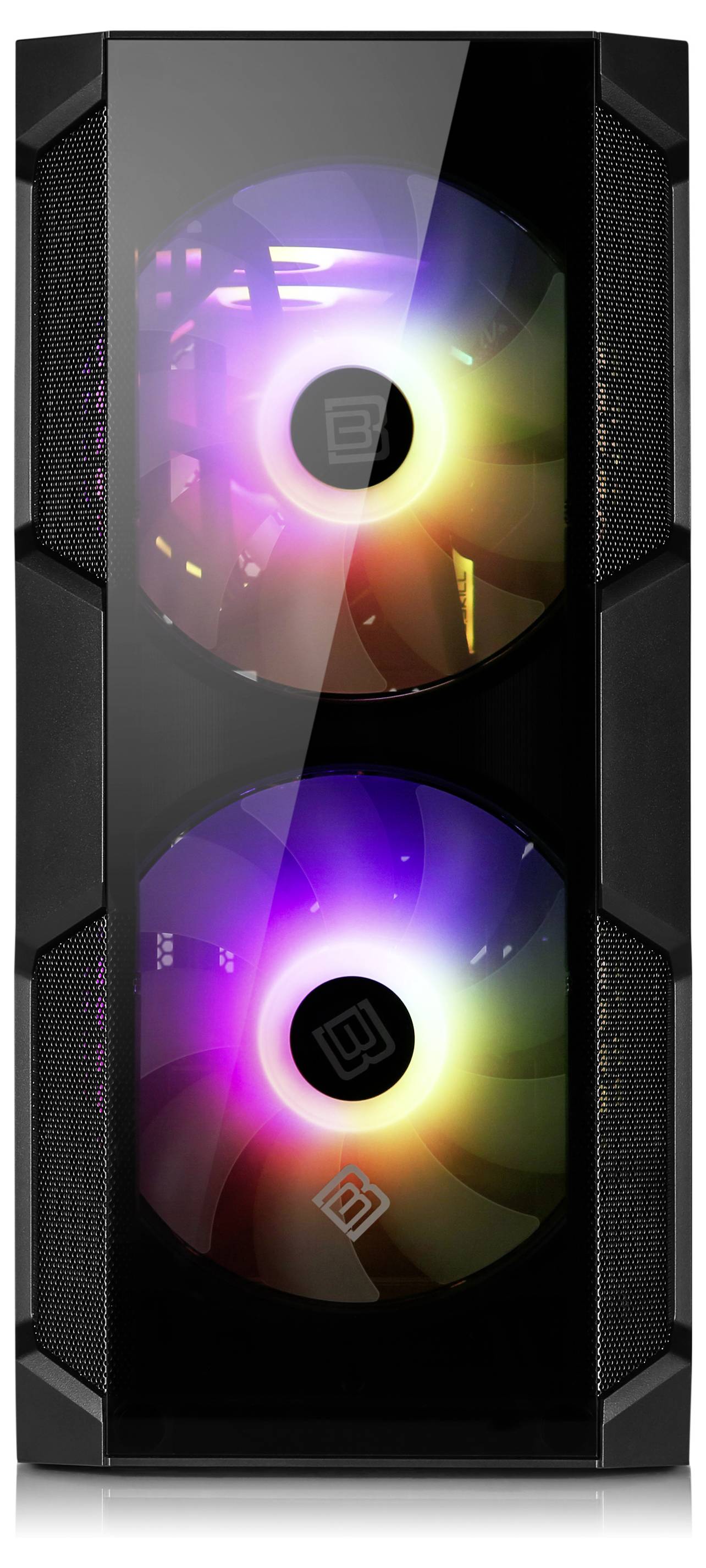 Obudowa komputera z dwoma dużymi, świecącymi wentylatorami emitującymi kolory RGB. Nowoczesny design z przezroczystymi elementami.