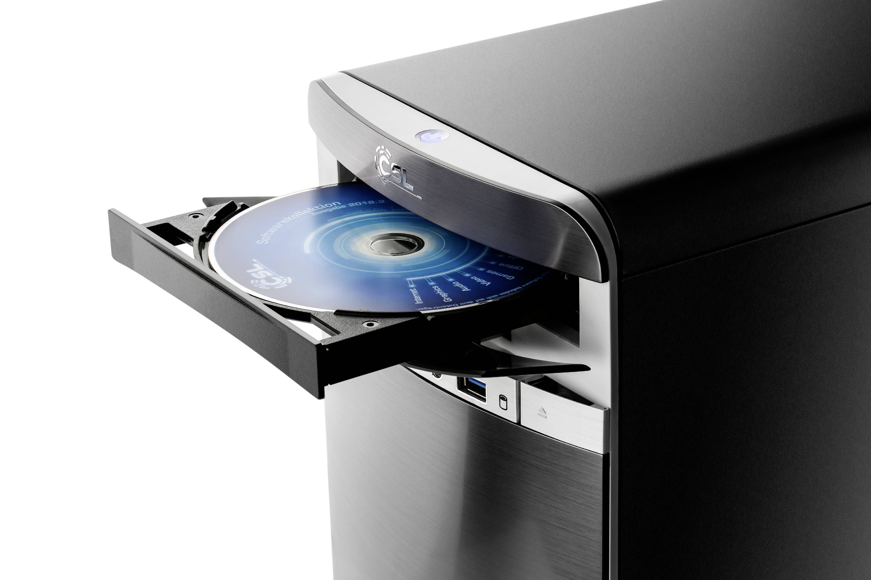 Czarna obudowa komputera z otwartą napędową szczeliną, w której widać włożoną płytę CD.