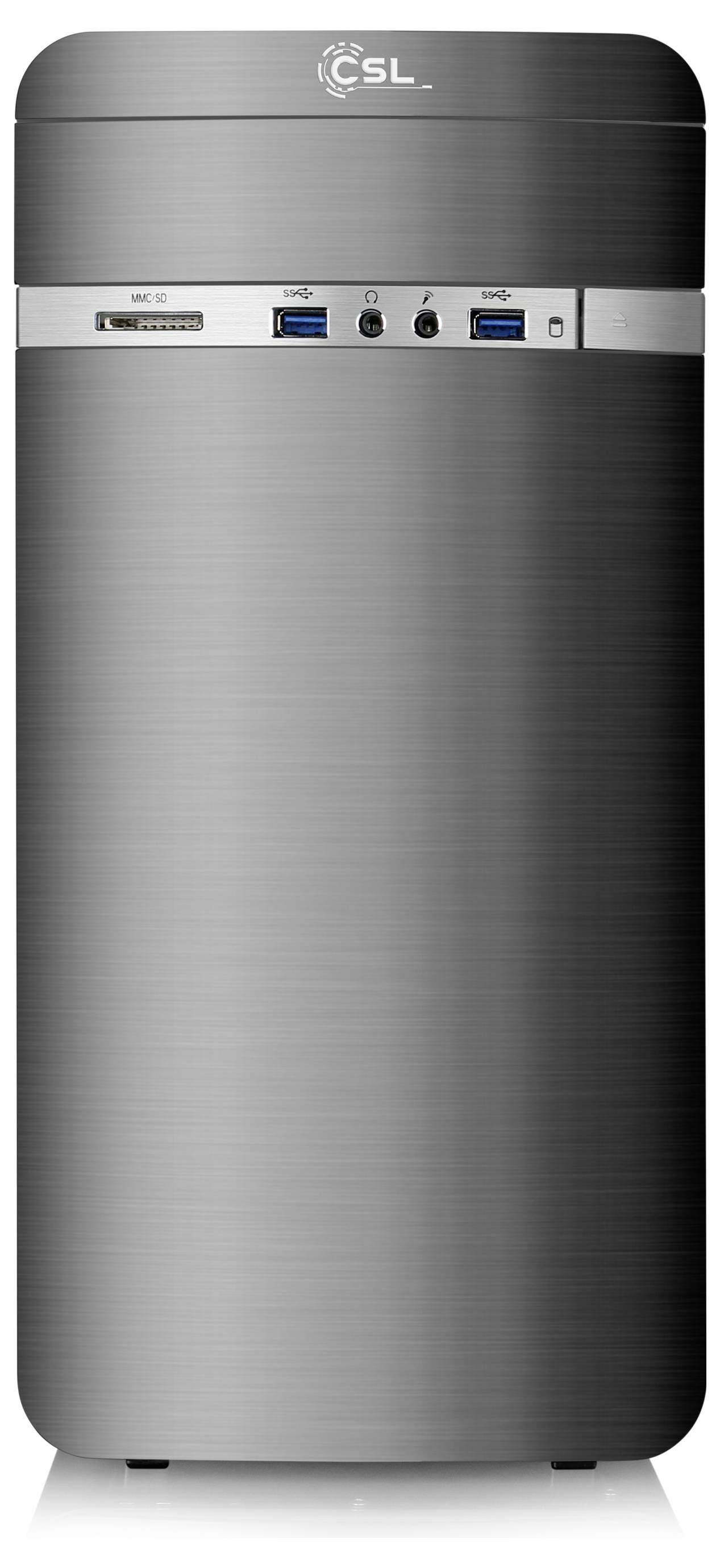 Srebrna obudowa komputera stacjonarnego z portami USB, gniazdami mikrofonowymi i słuchawkowymi na przednim panelu.