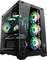 Obudowa komputera z oknem szklanym prezentuje kilka świecących wentylatorów w różnych kolorach. We wnętrzu widoczne są komponenty.