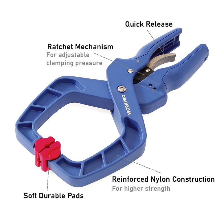 Niebieska klamra napinająca z mechanizmem zapadkowym, miękkimi, trwałymi podkładkami, szybkozwalniającym uchwytem, wzmocnioną konstrukcją nylonową.