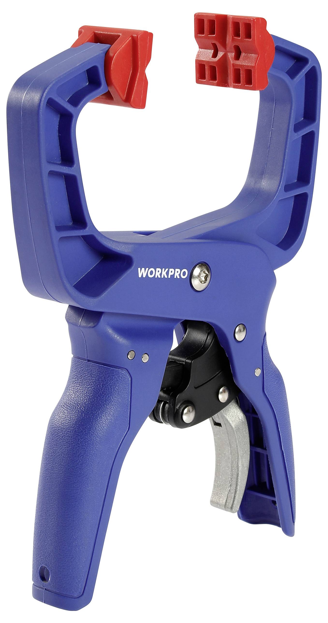 Niebieska ścisk szybkomocująca z czerwonymi szczękami z tworzywa sztucznego, odpowiednia do mocowania materiałów podczas projektów majsterkowiczów.