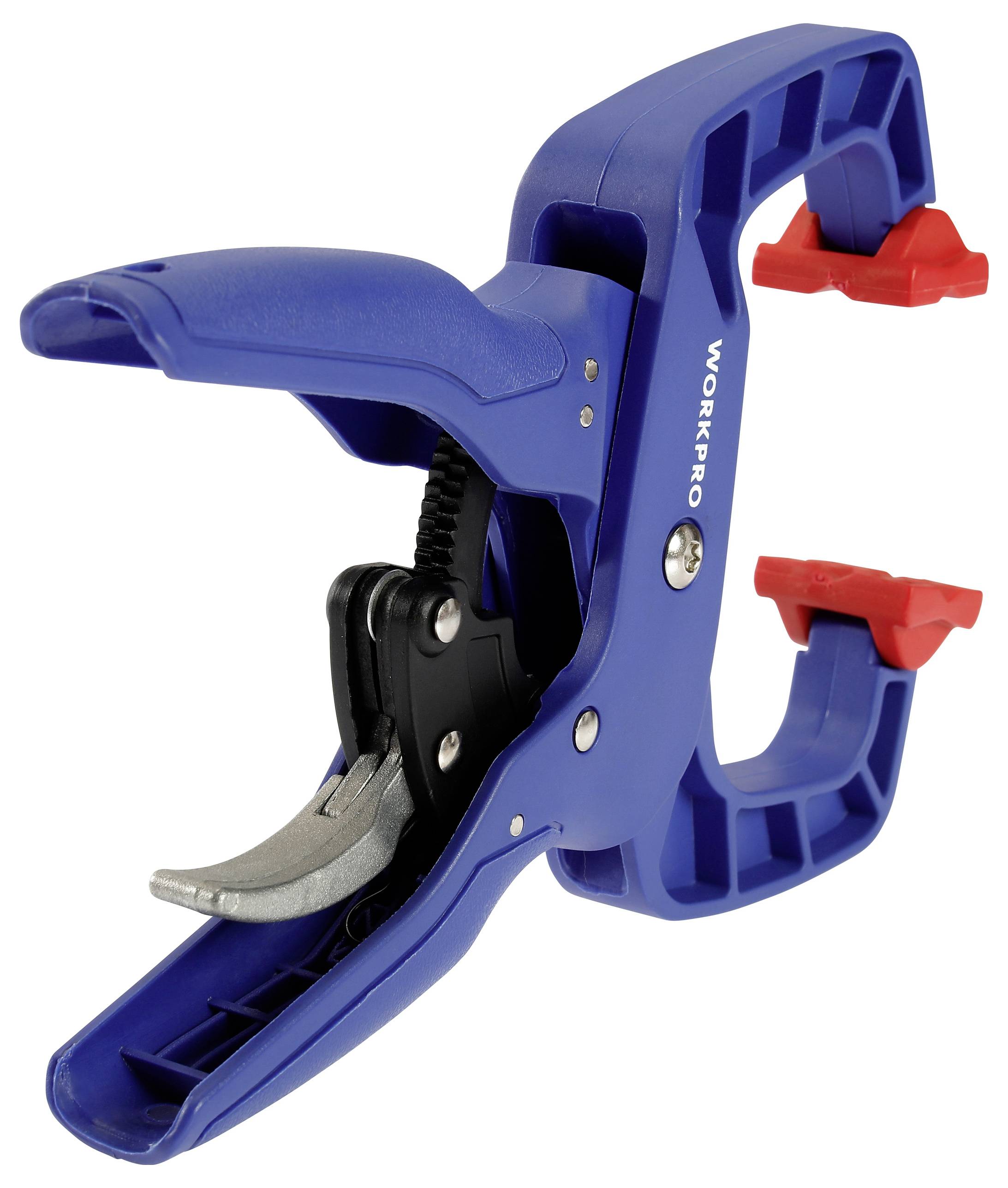 Niebieski zacisk sprężynowy z czerwonym uchwytem i czarnym mechanizmem metalowym pośrodku. Używany głównie w warsztatach i podczas prac majsterkowiczów.