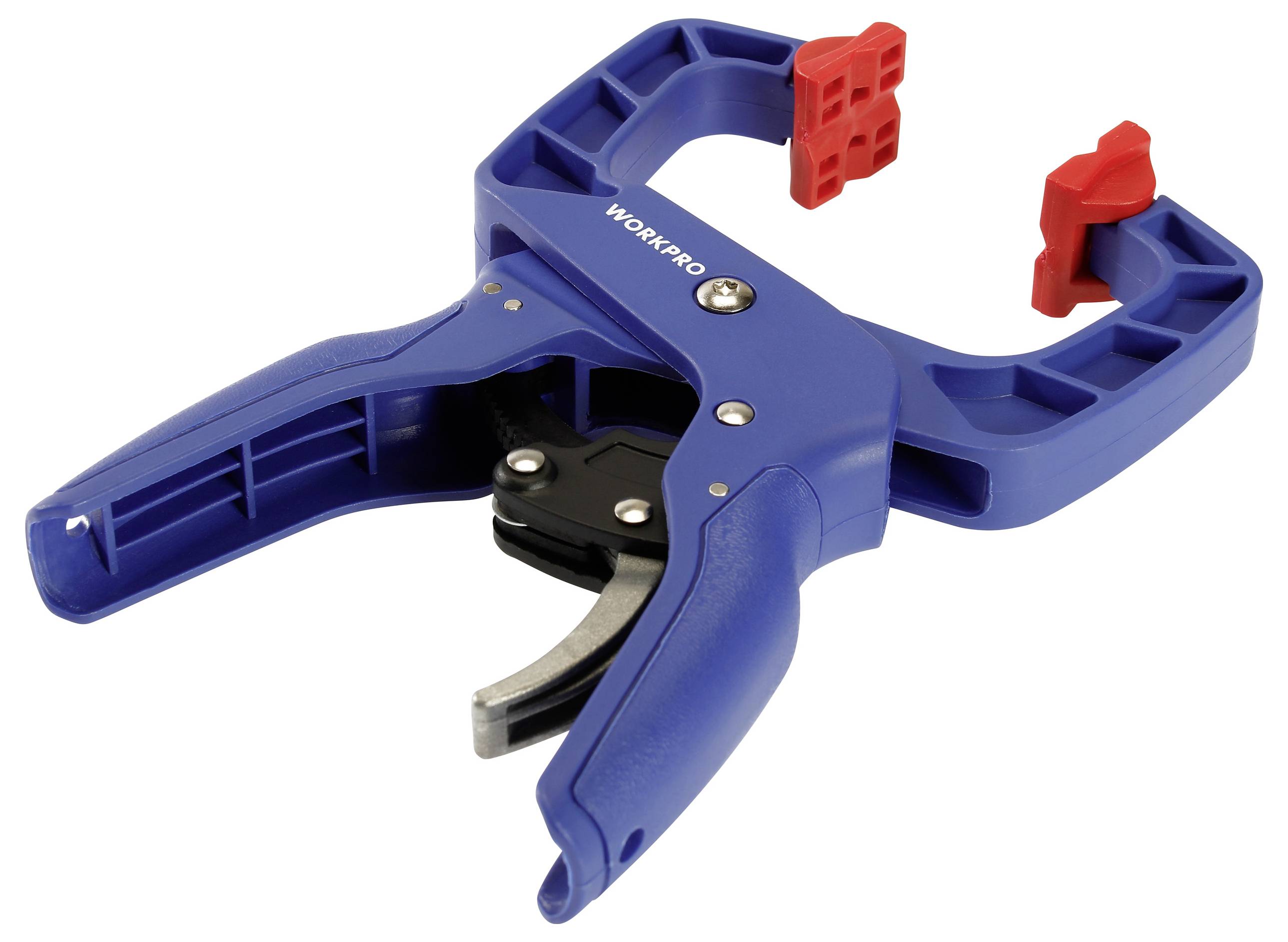 Niebieska klamra z czerwonym uchwytem, odpowiednia do mocowania elementów obrabianych. Ergonomiczny design, wykonana z wytrzymałego materiału.