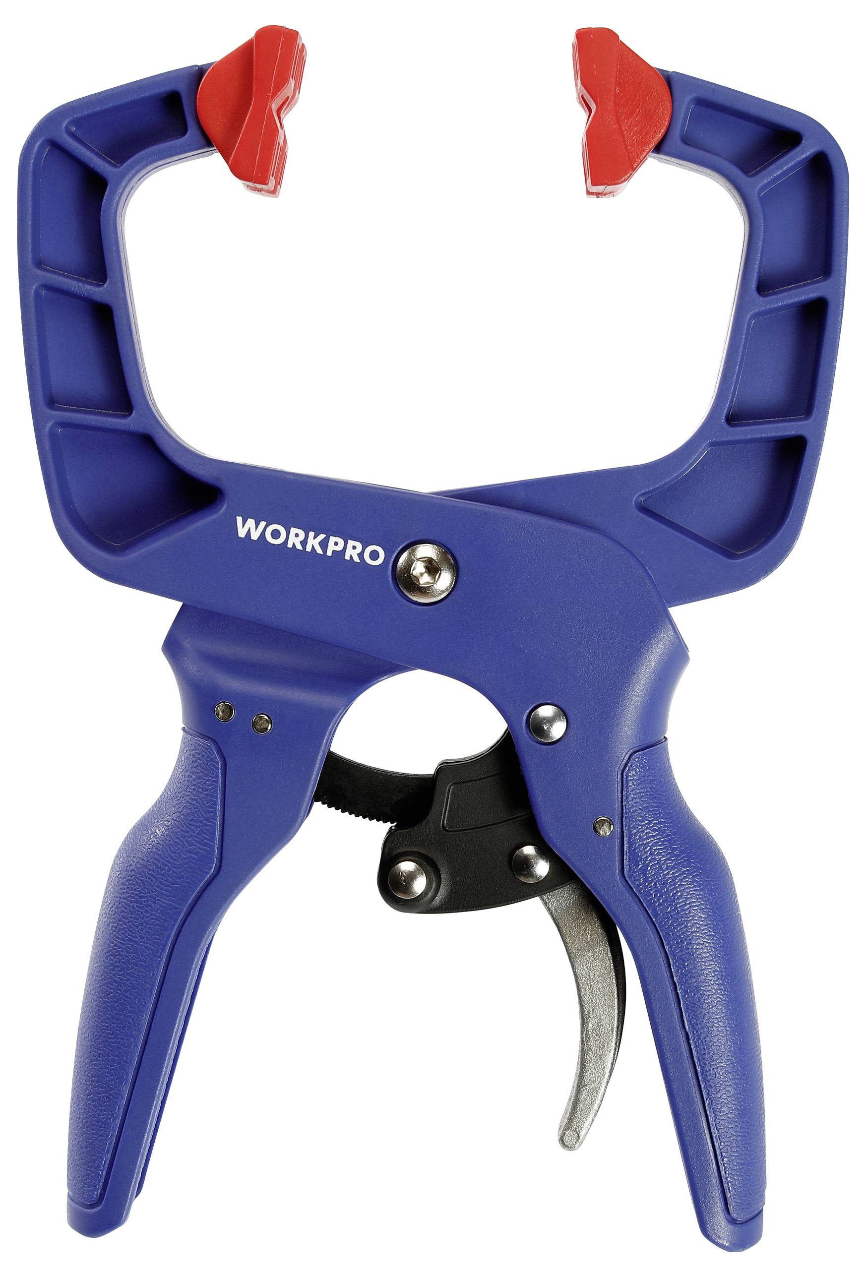 Niebieskie szczypce z tworzywa sztucznego z czerwonymi gumowymi końcówkami i metalową dźwignią. Są zaprojektowane jako narzędzie do chwytania i trzymania przedmiotów.