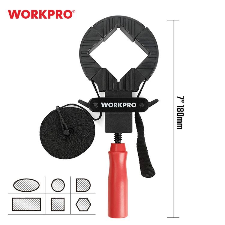 Narzędzie do pasów napinających 'WORKPRO' z czerwonym uchwytem i okrągłym mechanizmem napinającym. Po lewej stronie rolka czarnego pasa, po prawej stronie wskazanie rozmiaru 180 mm.