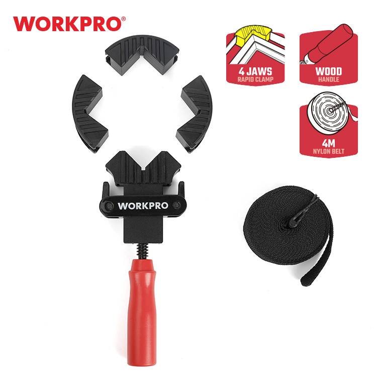 Czerwony pas napinający firmy Workpro z czterema zaciskami i drewnianym uchwytem. Obok symbole: '4 zaciski', 'drewniany uchwyt', 'pas nylonowy 4 m'.