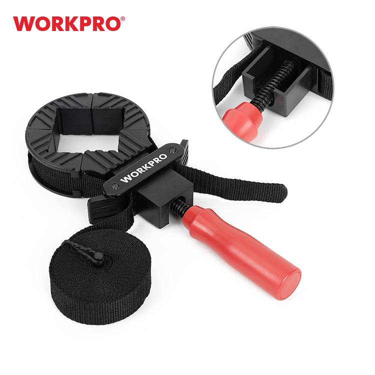 Zacisk 'WORKPRO' z czerwonym uchwytem i czarnym pasem, przeznaczony do bezpiecznego mocowania obiektów o kształcie prostokątnym.