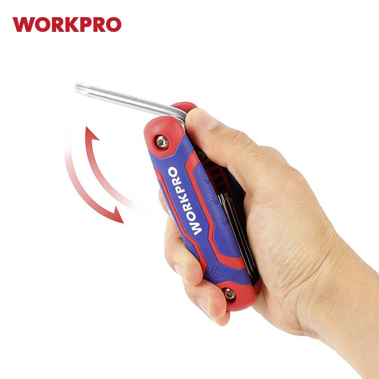 Ręka trzyma czerwono-niebieskie narzędzie z obrotowymi końcówkami. Na uchwycie widoczna nazwa marki 'WORKPRO'.