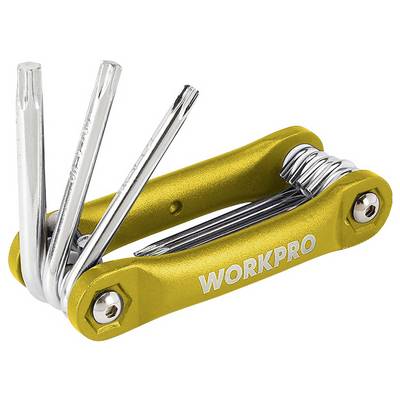 Żółte wielofunkcyjne narzędzie z wieloma składanymi wkrętakami, z widocznym logo marki 'WORKPRO' na boku.