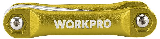 Żółte narzędzie kieszonkowe z wieloma funkcjami z napisem 'WORKPRO'.