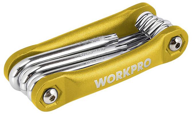Żółte, składane multitool z kilkoma srebrnymi kluczami. Po stronie widoczny jest napis 'WORKPRO'.