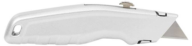 Metalowy nóż do dywanów z chowanym ostrzem i ergonomicznym uchwytem, odpowiedni do precyzyjnego cięcia materiałów.