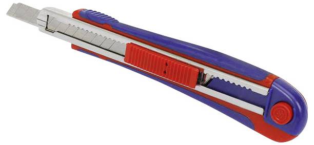 Niebieski i czerwony nóż składany z chowanym ostrzem i czerwonym przesuwnikiem do wymiany ostrza, na białym tle.