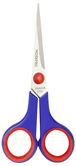 Niebieskie nożyczki z czerwonymi uchwytami, odpowiednie do cięcia papieru.