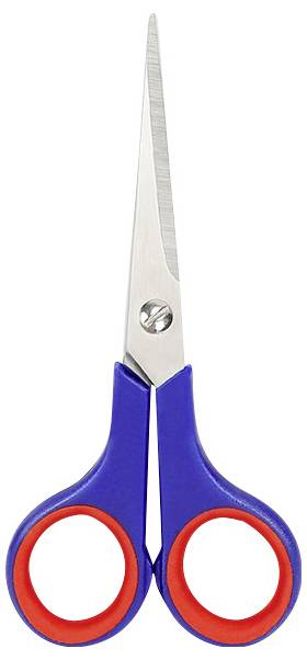 Nożyczki z niebieskimi uchwytami i czerwonymi akcentami, rozłożone.