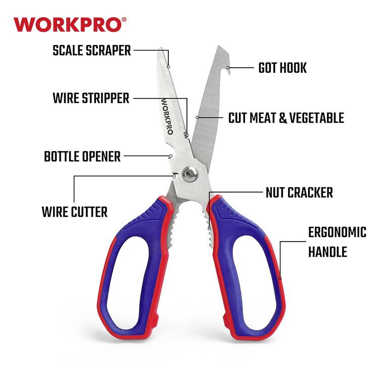 Wielofunkcyjne nożyczki kuchenne z ergonomicznym uchwytem, wyposażone w obcinacz drutu, otwieracz do butelek, rozłuskiwacz orzechów i wiele więcej.