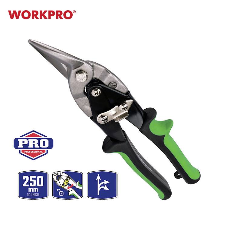 Nożyce do blachy stalowej 'WORKPRO' z zielonymi uchwytami. Długość: 250 mm. Zawiera symbole informujące o profesjonalnym zastosowaniu i sposobie działania.