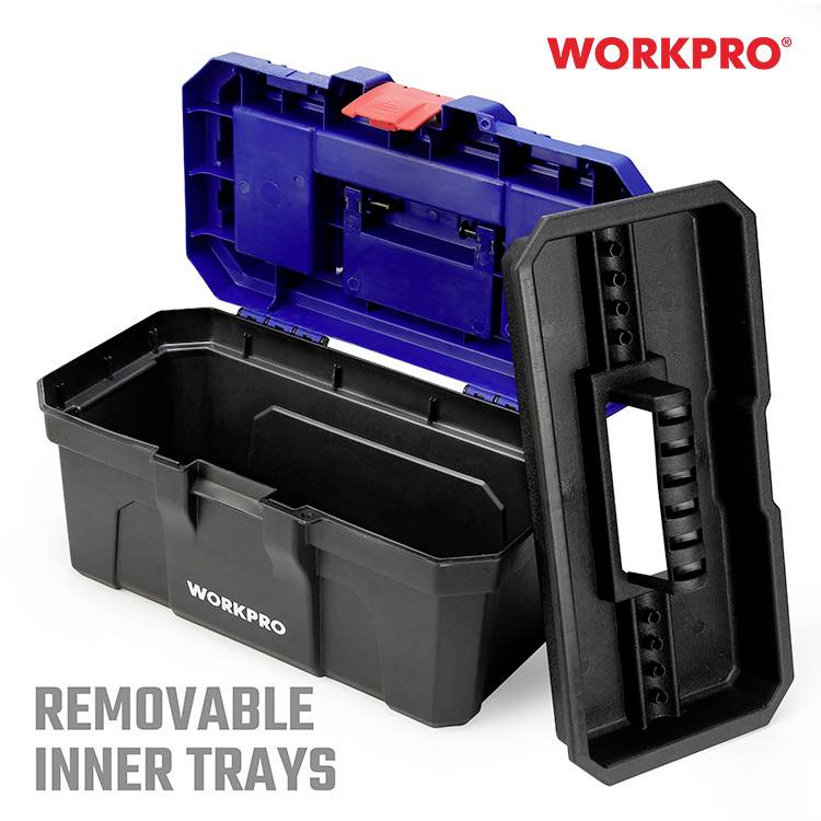 Czarny skrzynka narzędziowa z zdejmowanym uchwytem do przenoszenia. W otwartym stanie z widoczną niebieską wewnętrzną warstwą. Logo 'WORKPRO' w prawym górnym rogu.