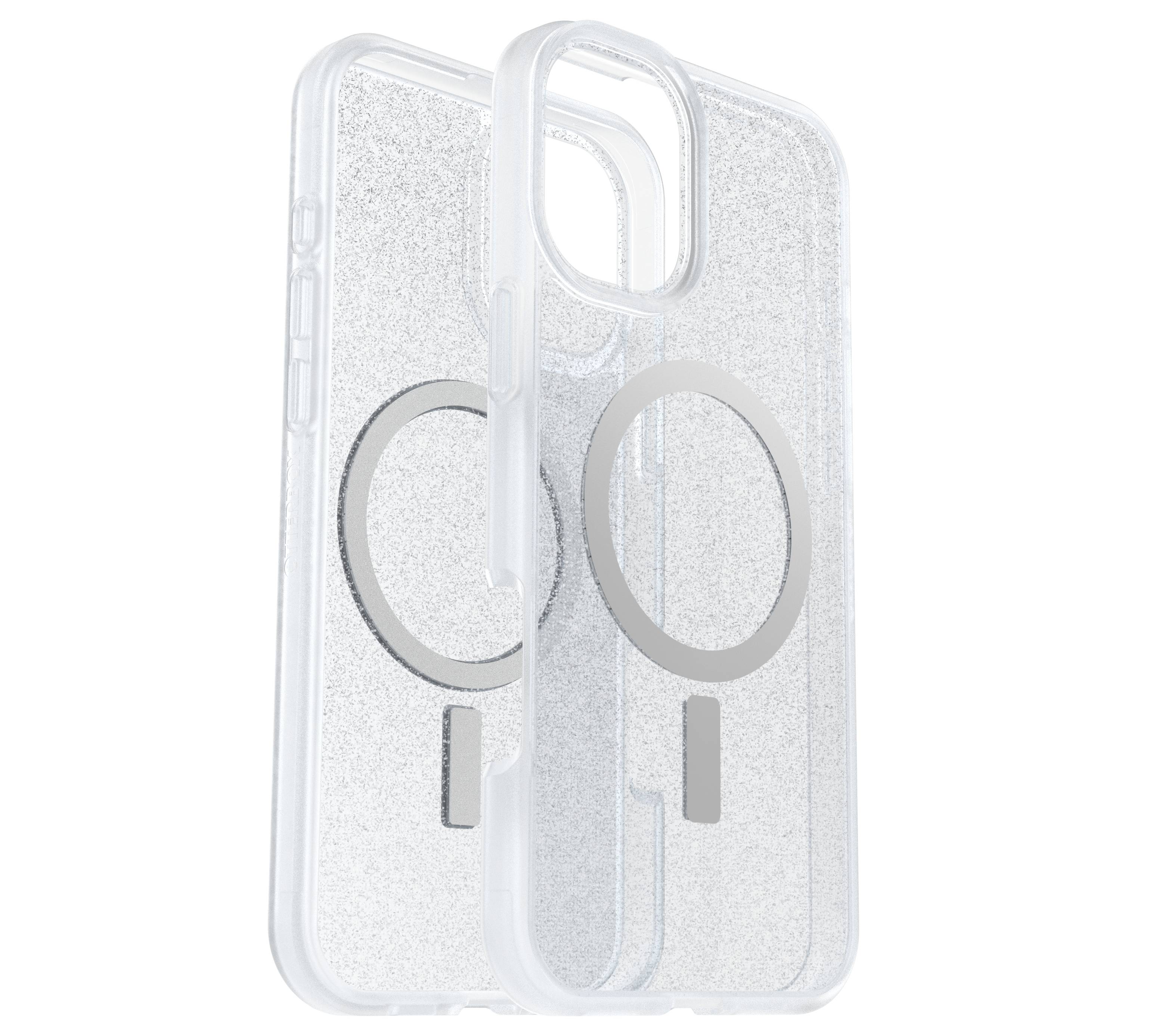 Dwie przezroczyste obudowy na telefon z srebrnym wzorem pierścieniowym, stojące obok siebie. Etui są przeznaczone dla smartfona z funkcją MagSafe.