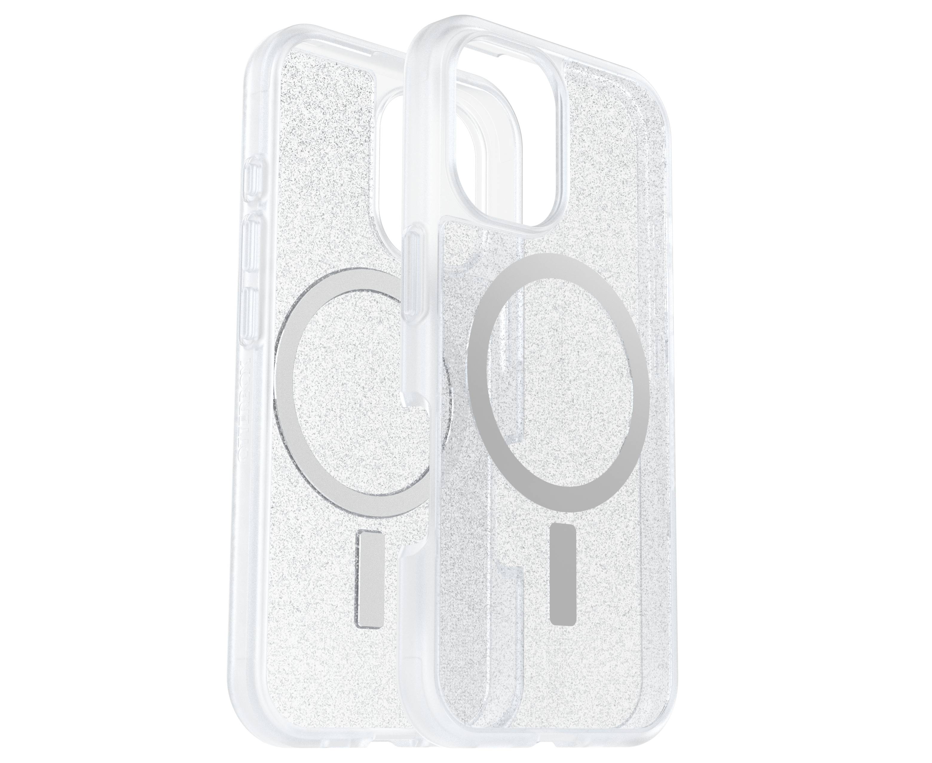 Przezroczyste etui na telefon z brokatem i wbudowanym pierścieniem magnetycznym, dopasowane do dwóch podobnych modeli smartfonów, na białym tle.