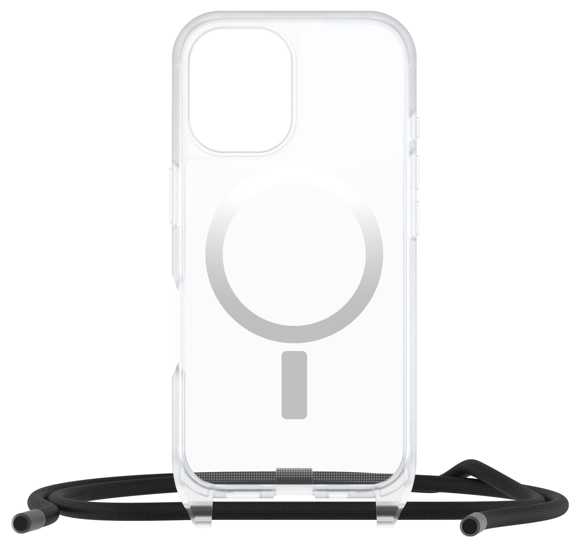 Przezroczyste etui na smartfona z pierścieniem MagSafe, ułożone na czarnym pasku.