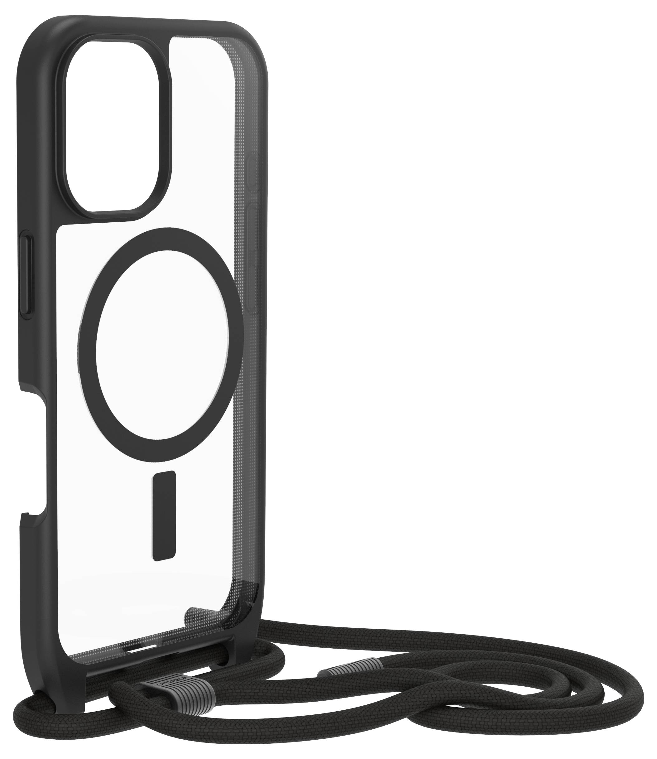 Etui na telefon z czarną ramką i przezroczystym tyłem, wyposażone w magnetyczny pierścień i czarny pasek do zawieszenia.