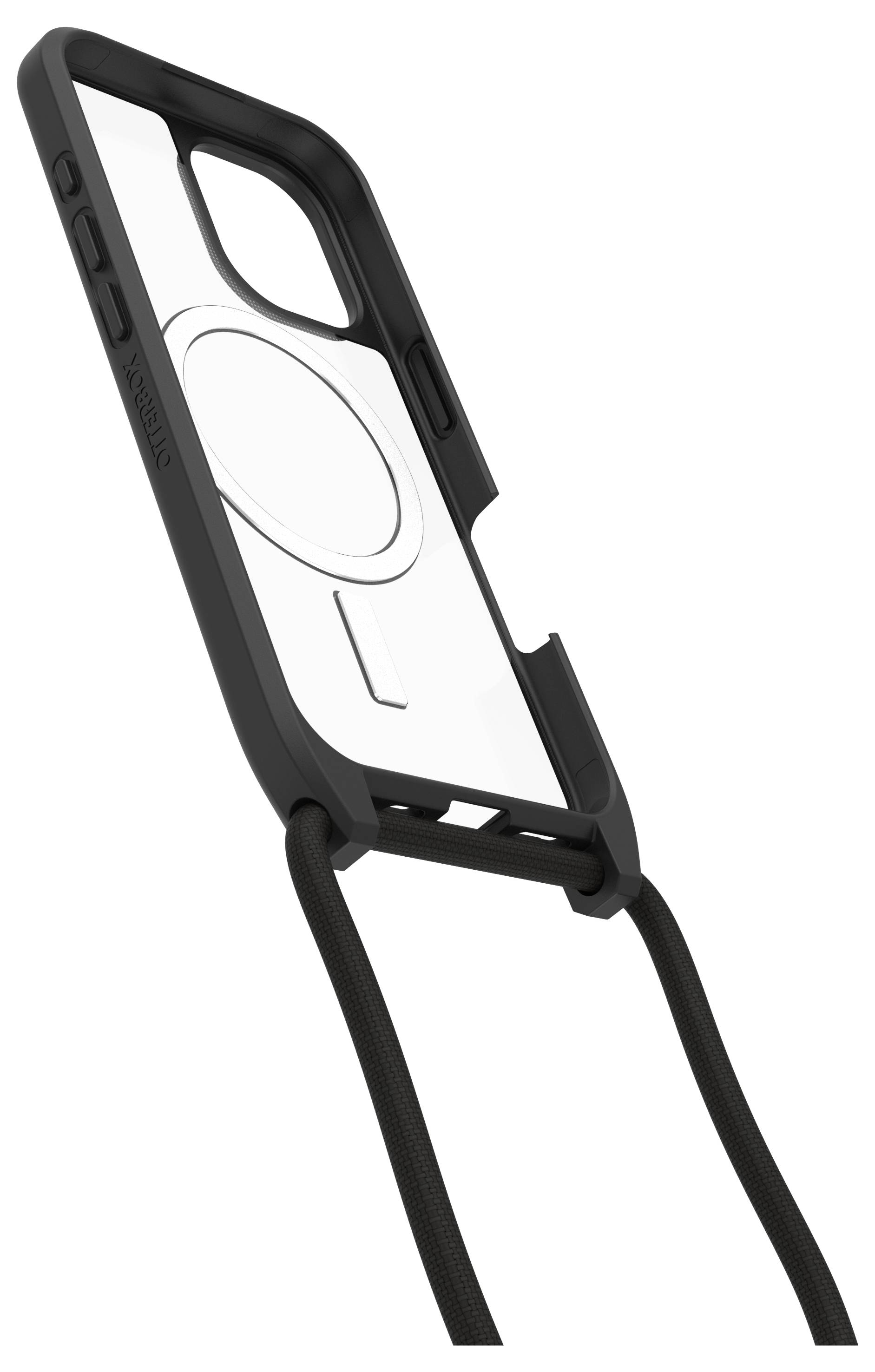 Czarna obudowa na telefon z paskiem i przezroczystą tylną częścią. Kompatybilna z iPhone 12 z obsługą MagSafe.