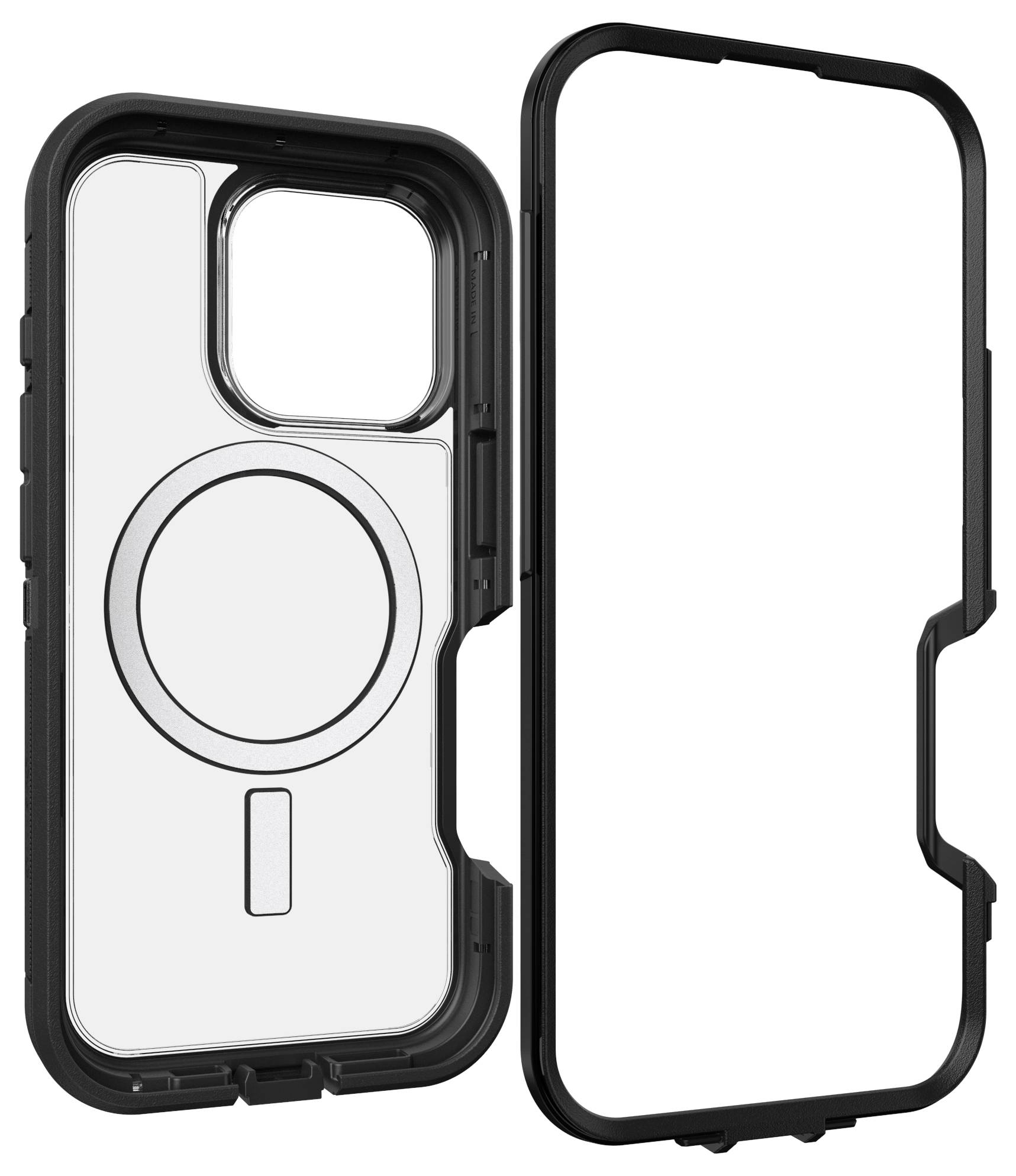 Etui na smartfona z pierścieniem MagSafe, czarną ramką i przezroczystą tylną częścią, składające się z dwóch elementów przeznaczonych na przednią i tylną stronę.