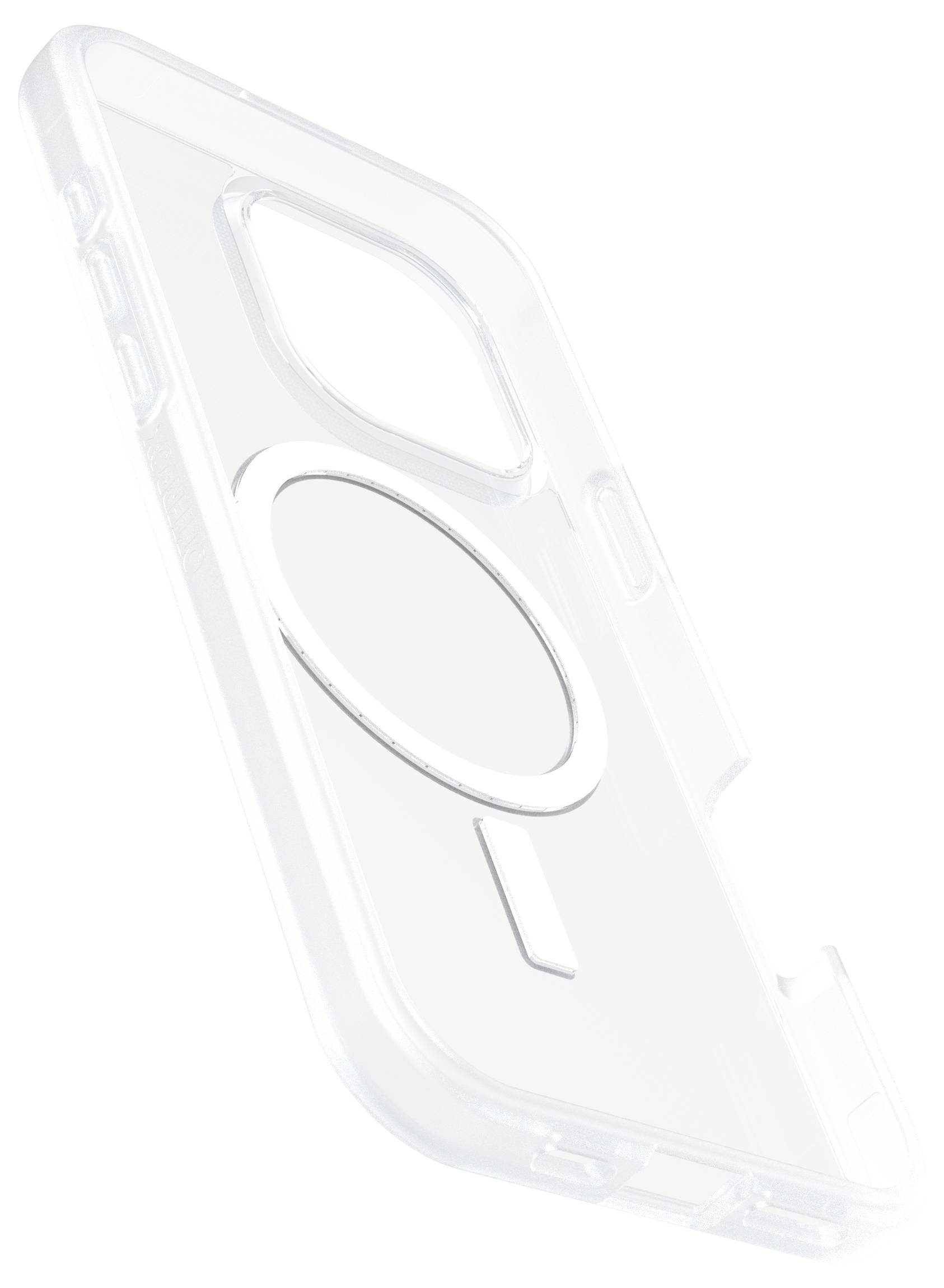 Przezroczyste etui na telefon z okrągłym pierścieniem magnetycznym, odpowiednie do ładowania bezprzewodowego.
