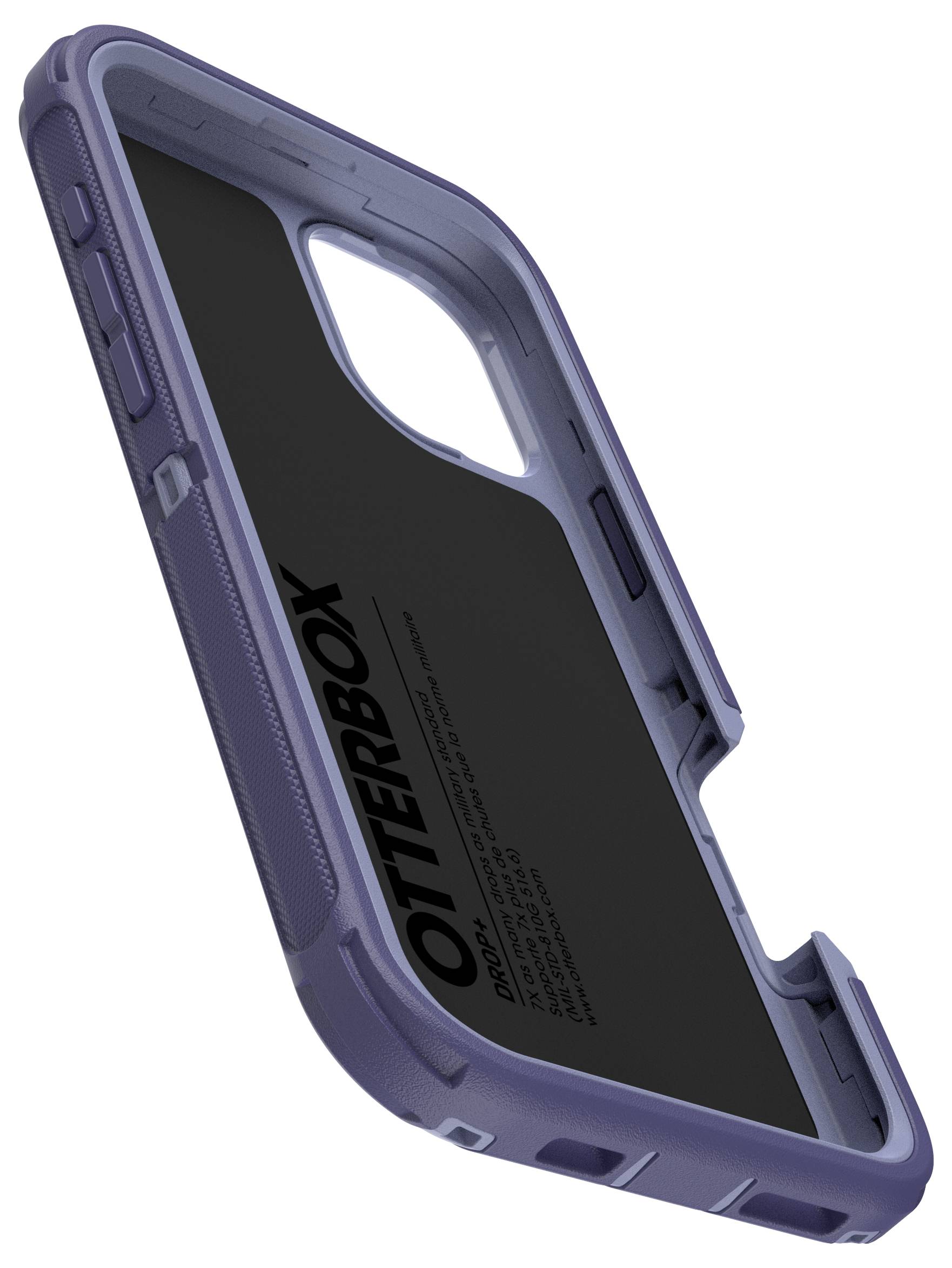 Etui Otterbox w kolorze fioletowym, widoczne z rogu i tyłu, o wytrzymałej konstrukcji zapewniającej ochronę przed wstrząsami.