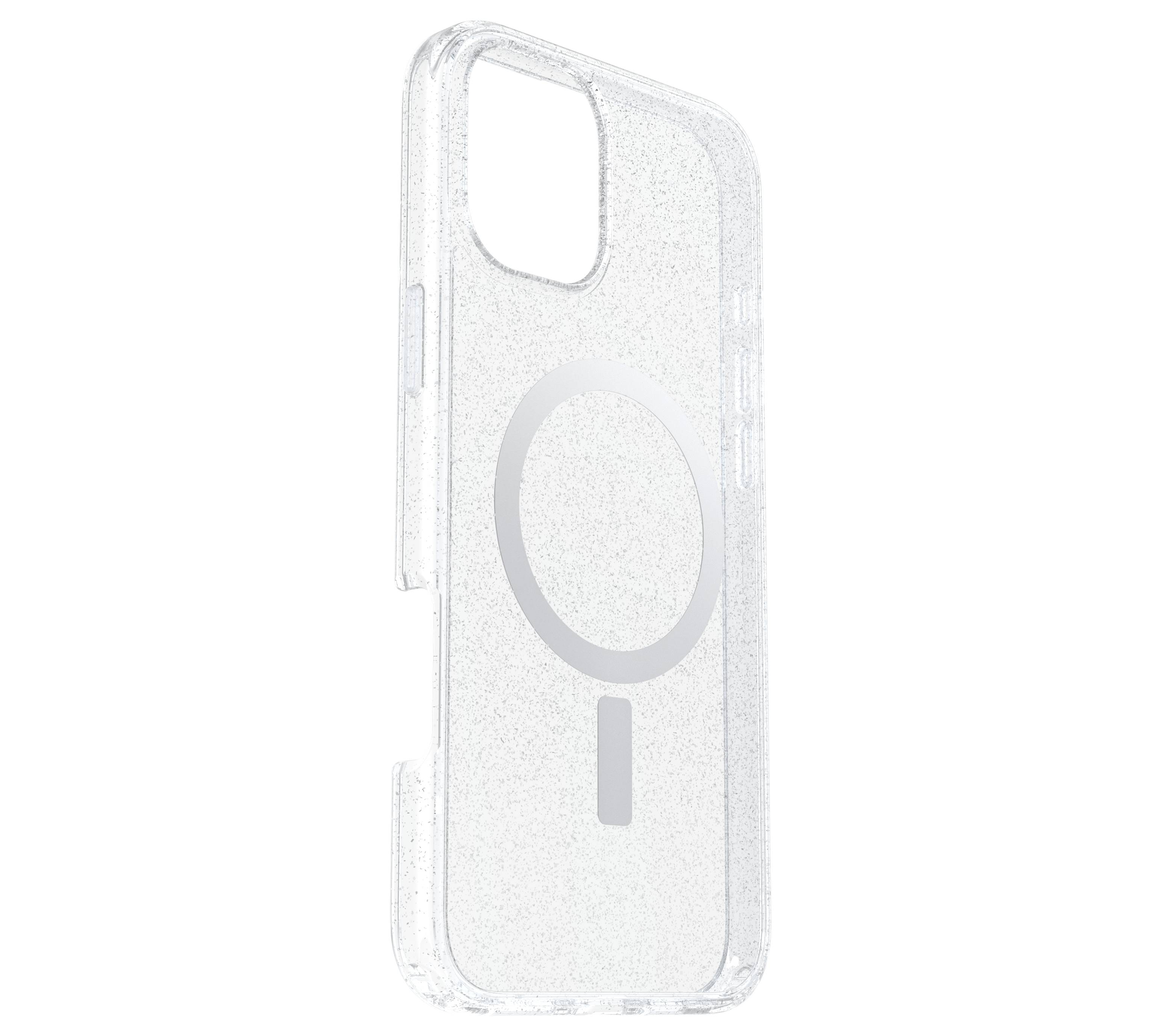 Przezroczyste etui na telefon z brokatowym wzorem i okrągłym interfejsem magnetycznym, kompatybilne z ładowaniem bezprzewodowym.