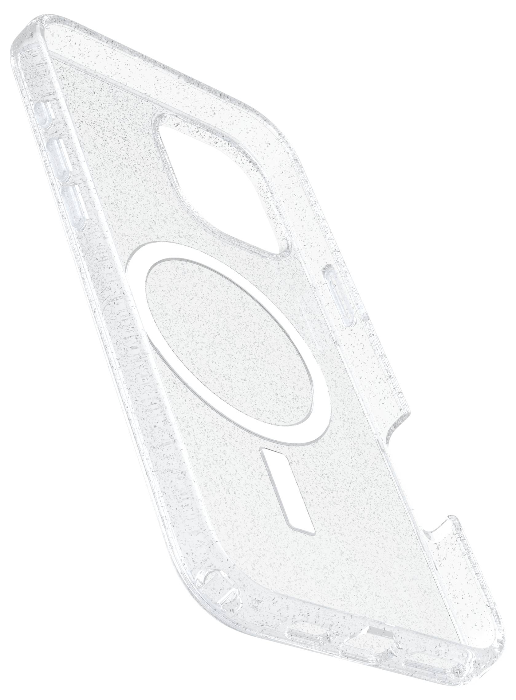 Przezroczyste etui na telefon z prostokątnymi wycięciami na aparat i złącza, zapewniające ochronę i kompatybilność z ładowarkami MagSafe.