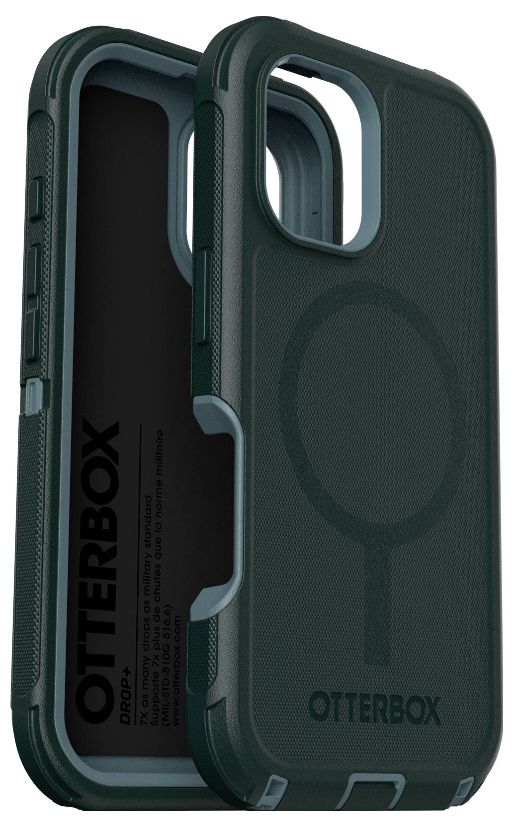 Dwie zielone etui na telefon marki Otterbox o wytrzymałej konstrukcji, jedna prezentuje wnętrze, druga tylną stronę z wzorem kołowym.