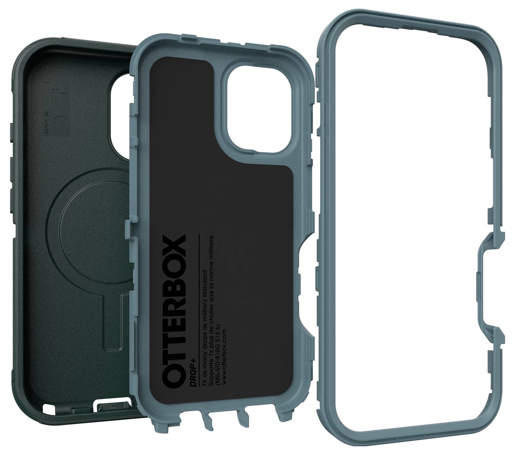 Ilustracja przedstawia trzyczęściowy zestaw etui na telefon, składający się z zewnętrznej ramki, tylnej obudowy z napisem 'Otterbox' oraz zdejmowanej wewnętrznej obudowy.