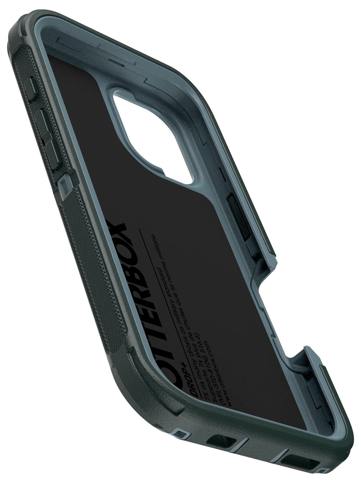 Etui Otterbox na smartfona w ciemnozielonym kolorze, z wycięciami na aparat i złącza. Wytrzymała konstrukcja zapewniająca ochronę przed upadkami.