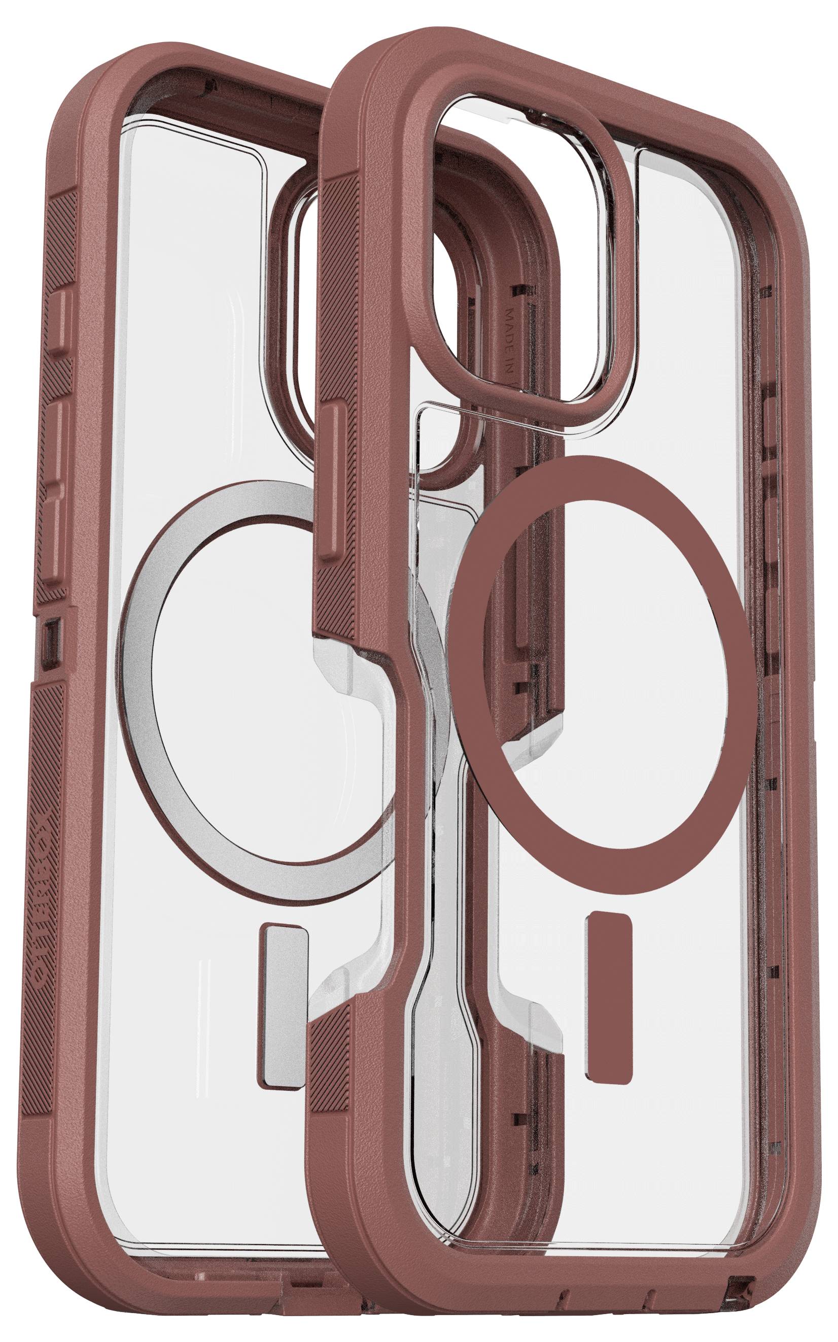 Dwie przezroczyste obudowy na smartfony z czerwonymi krawędziami i okrągłym wzorem koła pośrodku, prezentujące funkcje ochronne i magnetyczne.