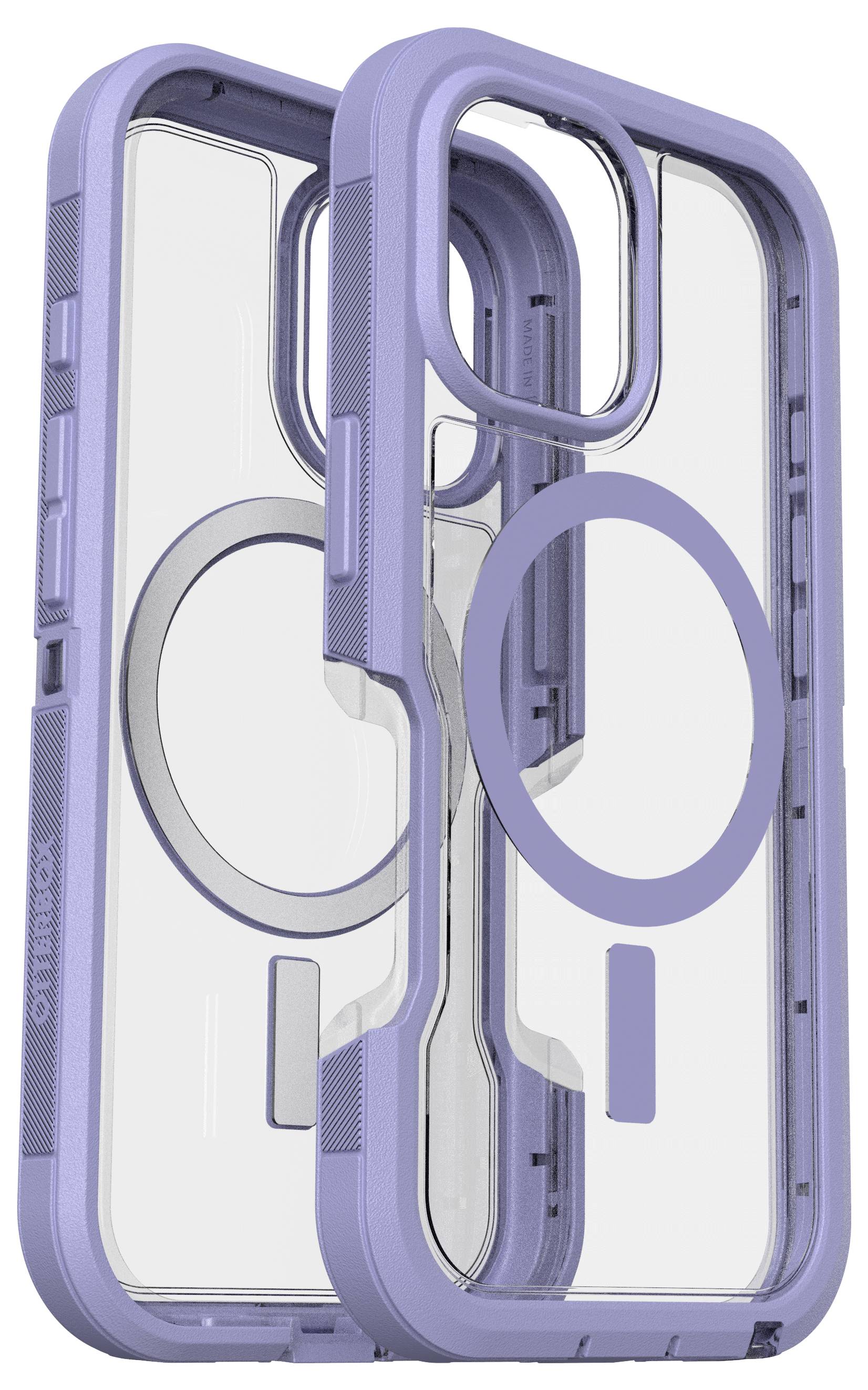Etui Lila z przezroczystym tyłem i magnetycznym pierścieniem, zapewniające ochronę i umożliwiające ładowanie bezprzewodowe, stojące pionowo.